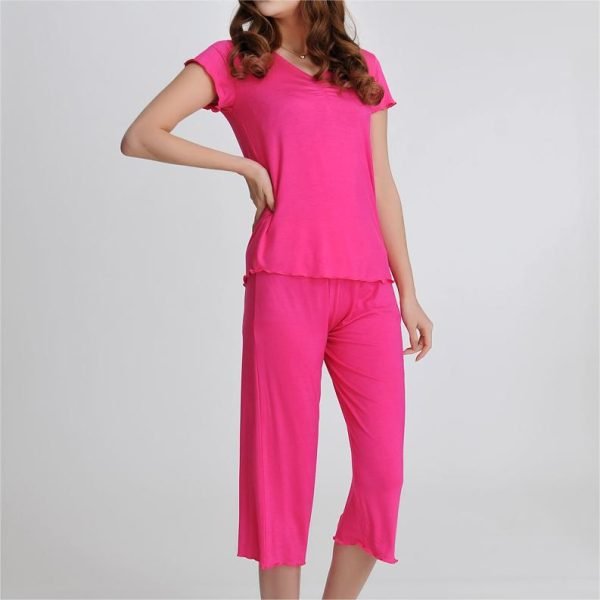 rose red short sleeve and capri pajama set on women